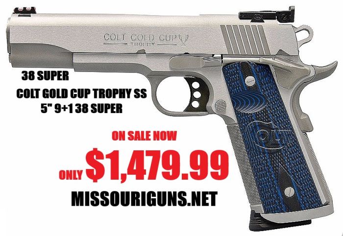 Colt Gold Cup Trophy 1911 Stainless Steel Blue/Black G10 Thumb/Grip Novak Fiber Optic/Adjustable Sights 5" 9+1 38 Super MPN: O5073XE UPC: 098289112118