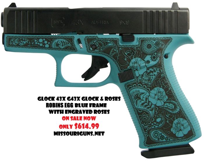 Glock 43X Custom Engraved AUSTRIA MADE G43x "Glock & Roses" Handgun 3.41" 10+1 9MM Robins Egg Blue Frame Black Engraving LIMITED SPECIAL EDITION MPN: PX4350201GRFP UPC: 688099401016