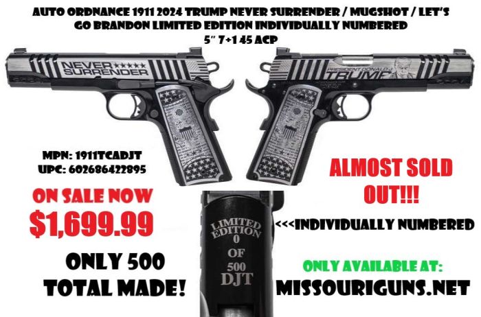 Auto Ordnance 1911 2024 Trump Never Surrender / Mugshot / Let's Go Brandon Limited Edition Custom Ported Slide Individually Numbered Semi-Auto Pistol 5" 7+1 45 ACP MPN: 1911TCADJT UPC: 602686422895 - Image 2