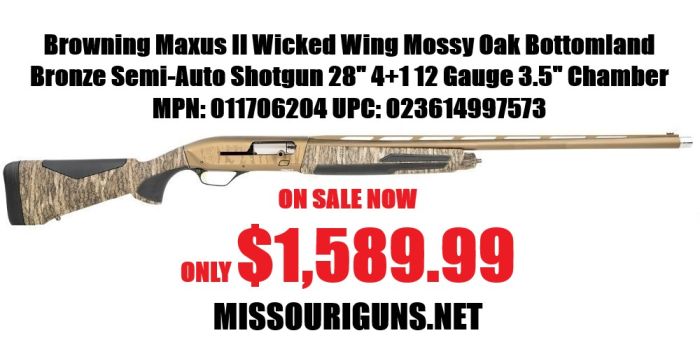 Browning Maxus II Wicked Wing Mossy Oak Bottomland Bronze Semi-Auto Shotgun 28" 4+1 12 Gauge 3.5" Chamber MPN: 011706204 UPC: 023614997573