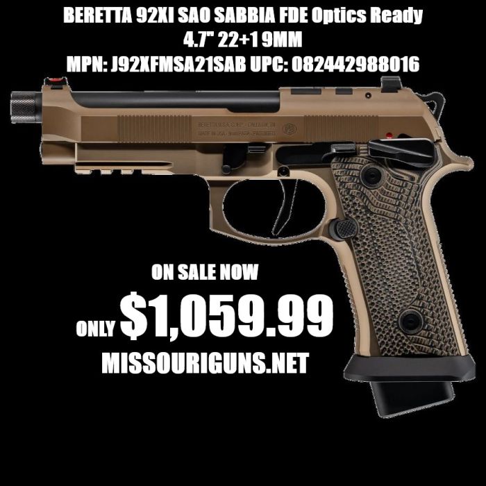 Beretta 92XI SAO Sabbia FDE Optics Ready Threaded Semi-Auto Pistol 4.7" 22+1 9MM MPN: J92XFMSA21SAB UPC: 082442988016