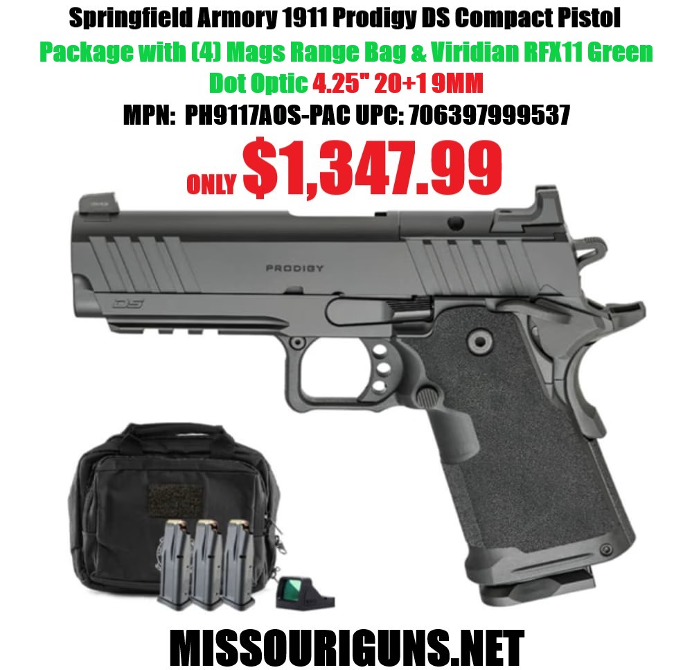 Springfield Armory 1911 Prodigy DS Compact Pistol Package with (4) Mags Range Bag & Viridian RFX11 Green Dot Optic 4.25" 20+1 9MM MPN: PH9117AOS-PAC UPC: 706397999537 - Image 2